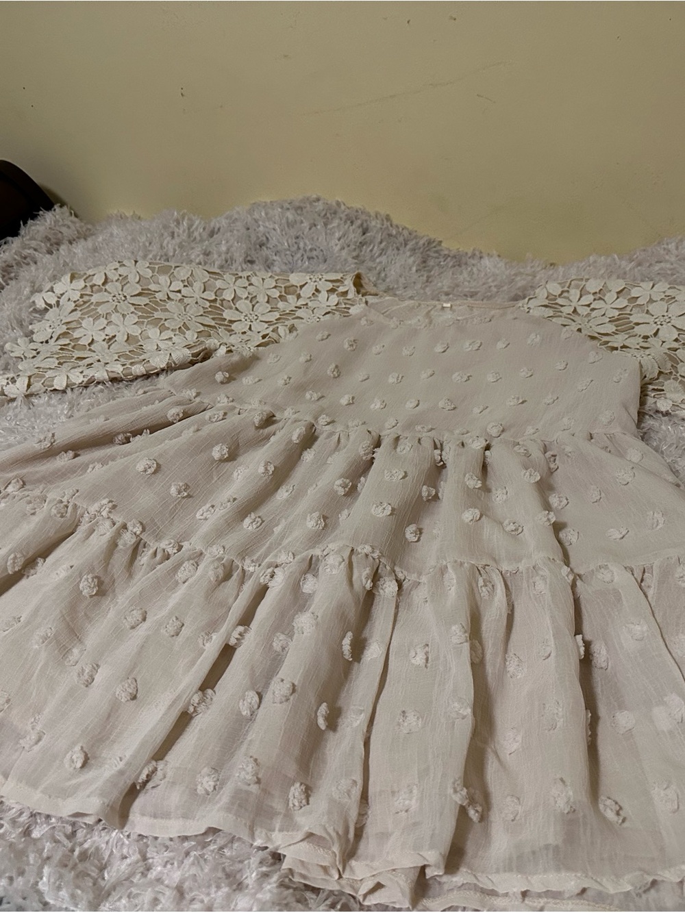 Women's Cream Textured Tiered Blouse with Lace Sleeves - Brand